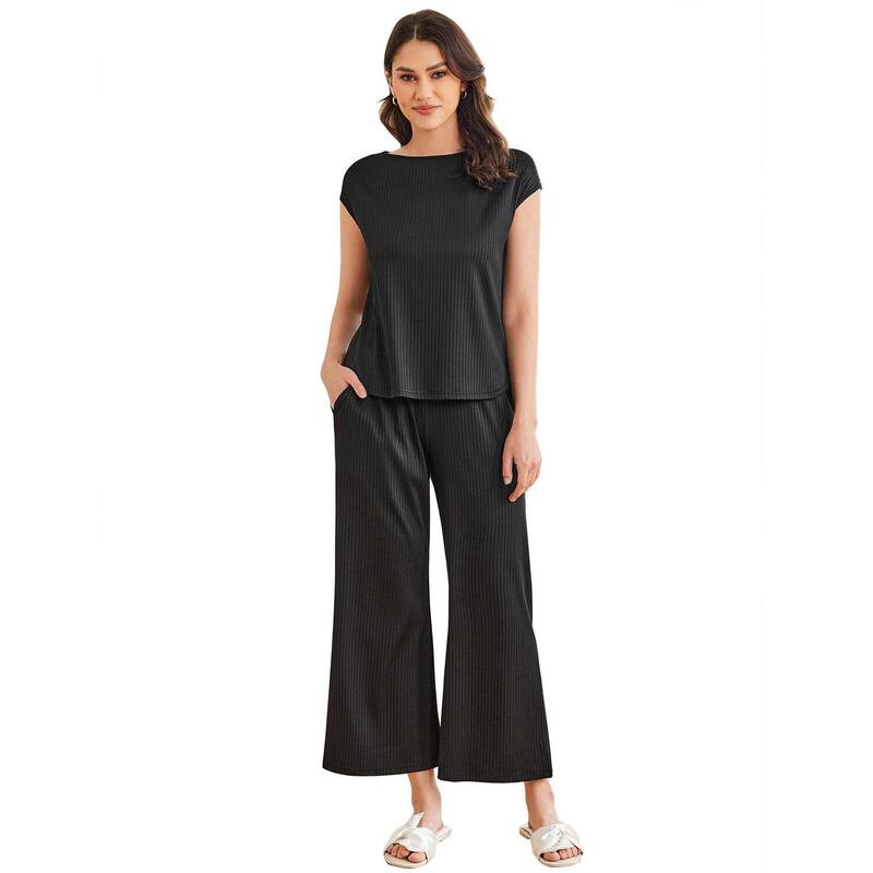 エコアー レディース アンダーウェア ナイトウェア リブニット キャップ ニット Ekouaer Pajama Sets for Women Two Piece Casual Pj Set Rib Knit Cap Sleeve Soft Sleepwear Black ブラック|ReVida 店