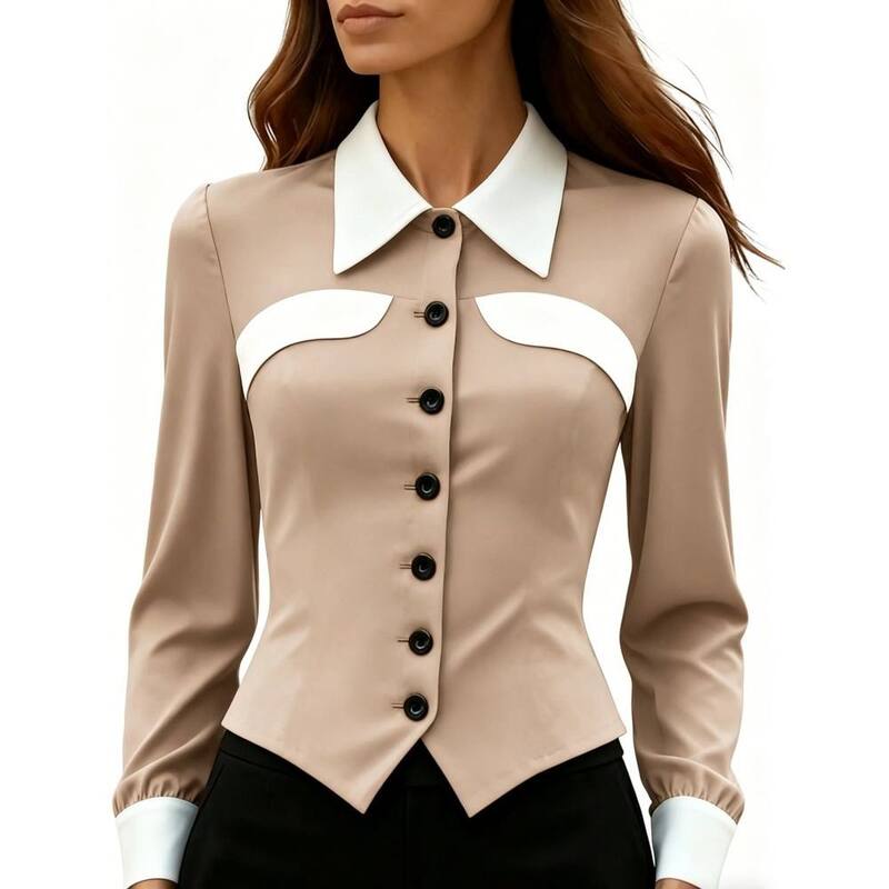 イエスファッション レディース トップス シャツ スリムフィット ボタンダウン ブラウス Yesfashion Women's Color Block Long Sleeve Blouse Slim Fit Button Down Work Shirt Elegant Business Casual Tops Khaki カーキ｜ReVida 店
