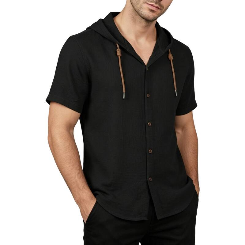 エリートスピリット メンズ トップス Tシャツ ボタンダウン コットン ダウン EliteSpirit Men'short Sleeve Hooded Button Down Shirt, Casual Cotton Blend Summer Shirtop Black ブラック|ReVida 店