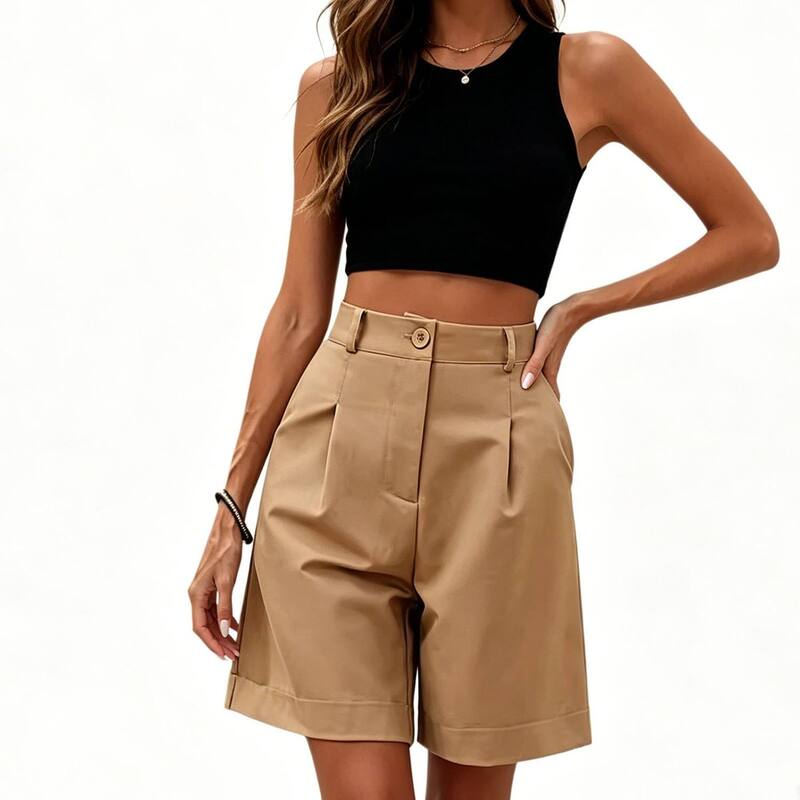 クリアフラワー レディース ボトムス ハーフパンツ・ショーツ ストレート ハイウエスト プリーツ ショートパンツ ClearFlower Women's High Waist Pleated Bermuda Shorts, Cuffed Hem Straight Leg Casual Office Dresshorts Camel キャメル｜ReVida 店