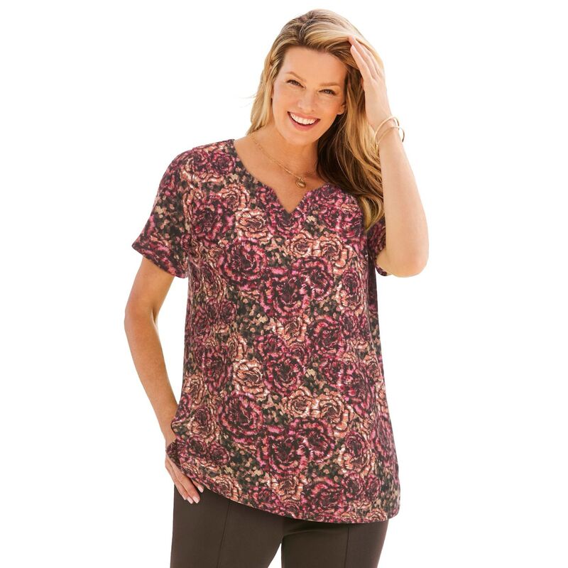 ウーマン ウィズイン レディース トップス Tシャツ プラスサイズ Woman Within Plusize 7-Day Notch-Neck Tunichocolate Abstract チョコレート｜ReVida 店