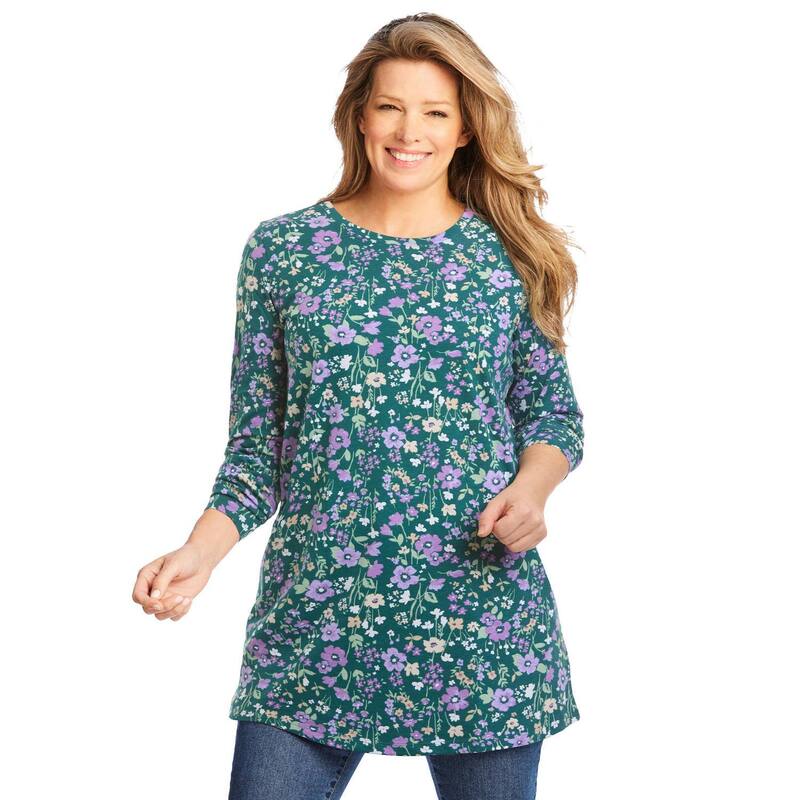 ウーマン ウィズイン レディース トップス Tシャツ クルーネック プラスサイズ プリント 長袖 Woman Within Plusize Perfect Printed Long-Sleeve Crewneck Tunic Emerald Green Field グリーン｜ReVida 店