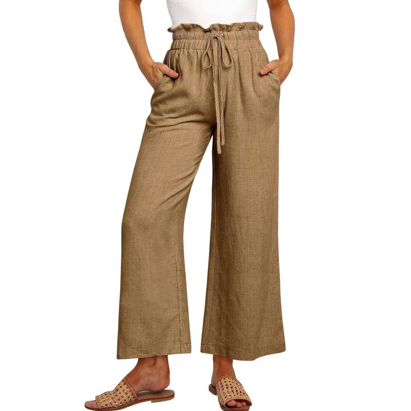 セオリア レディース ボトムス カジュアルパンツ ワイドレッグ ハイウエスト Seoria Women's High Waist Wide Leg Pants Casual Elastic Drawstring Loose Flowy Trousers with Pockets Camel キャメル｜ReVida 店