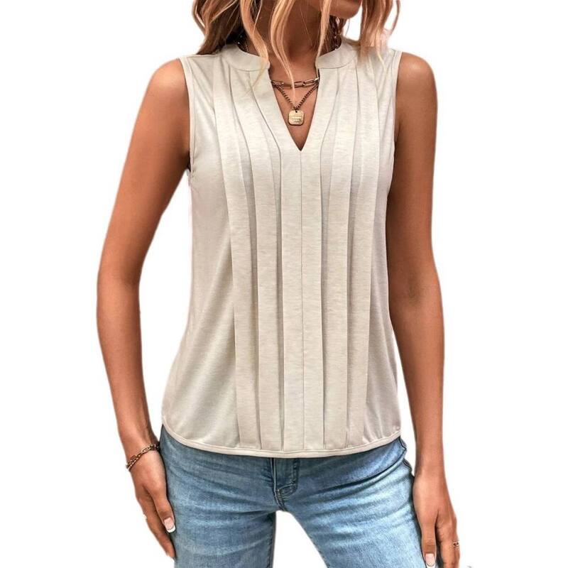 イエスファッション レディース トップス シャツ Vネック プリーツ ノースリーブラウス Yesfashion Women's Pleated V Neck Sleeveless Blouse Casual Dressy Loose Fitank Top Apricot アプリコット｜ReVida 店