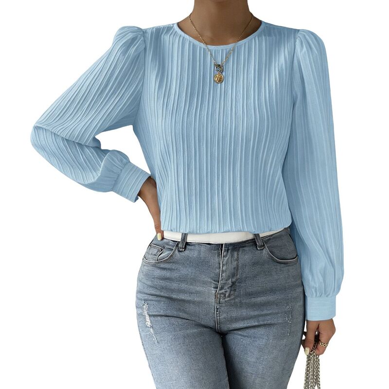 クリアフラワー レディース トップス シャツ ブラウス ClearFlower Women's Round Neck Long Sleeve Blouse Casualoose Fitop for Work Daily Wear Light Blue ブルー|ReVida 店