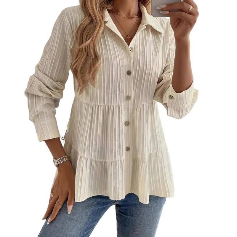 イエスファッション レディース トップス シャツ ダウン ブラウス Yesfashion Women ’ s Button-Down Peplum Blouse, Long Sleeve Colla red Loose Fitextu red Shirtop Beige ベージュ|ReVida 店