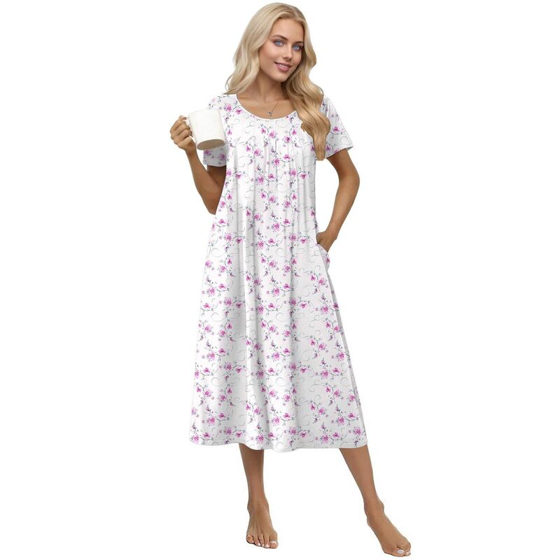 エコアー レディース アンダーウェア ナイトウェア コットン Ekouaer Cottonightgowns for Women Long House Dresses with Pockets Night Gownshort Sleeve White Pink ホワイト|ReVida 店