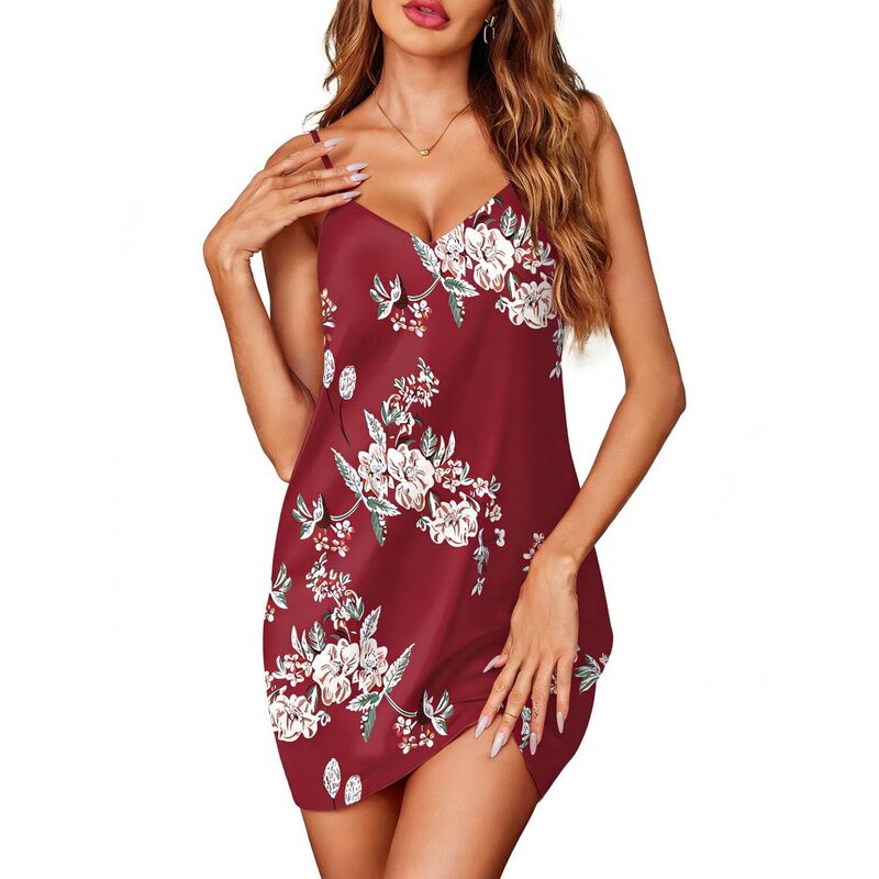 エコアー レディース アンダーウェア ナイトウェア サテン シルク ノースリーブ Ekouaer Satin Silky Lingerie for Women Sleeveless Nightgown Chemise Full Slip Sleepwear Nighty Plants Flowers Red レッド｜ReVida 店