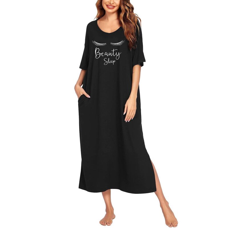 エコアー レディース アンダーウェア ナイトウェア プラスサイズ Ekouaer Long Nightgown for Women Short Sleeve Sleepwear Plusize Loungewear with Pockets Black Eyelash ブラック｜ReVida 店