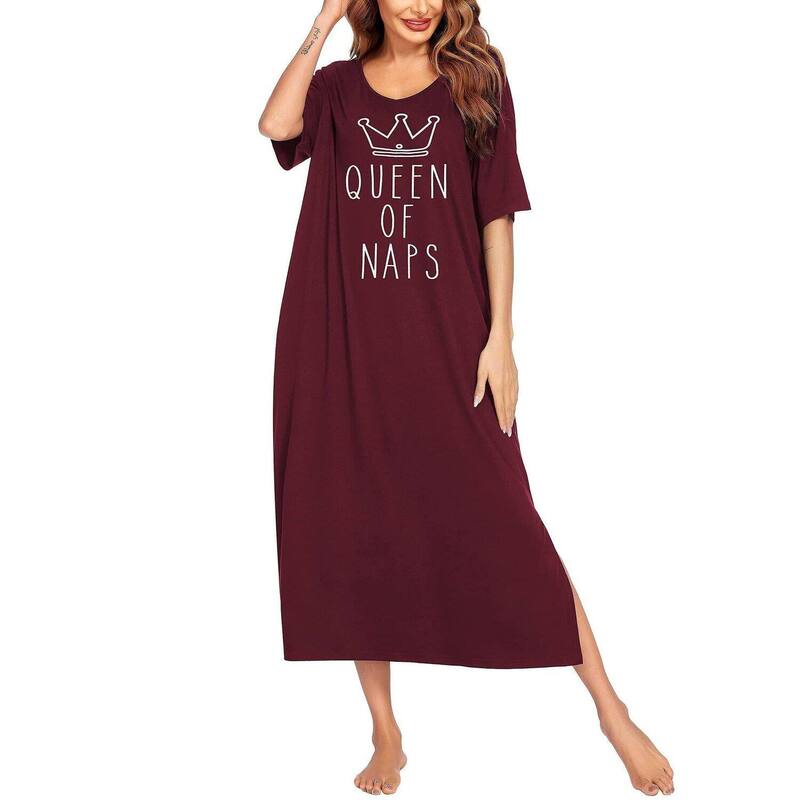 エコアー レディース アンダーウェア ナイトウェア プラスサイズ Ekouaer Long Nightgown for Women Short Sleeve Sleepwear Plusize Loungewear with Pockets Wine Red Crown レッド｜ReVida 店