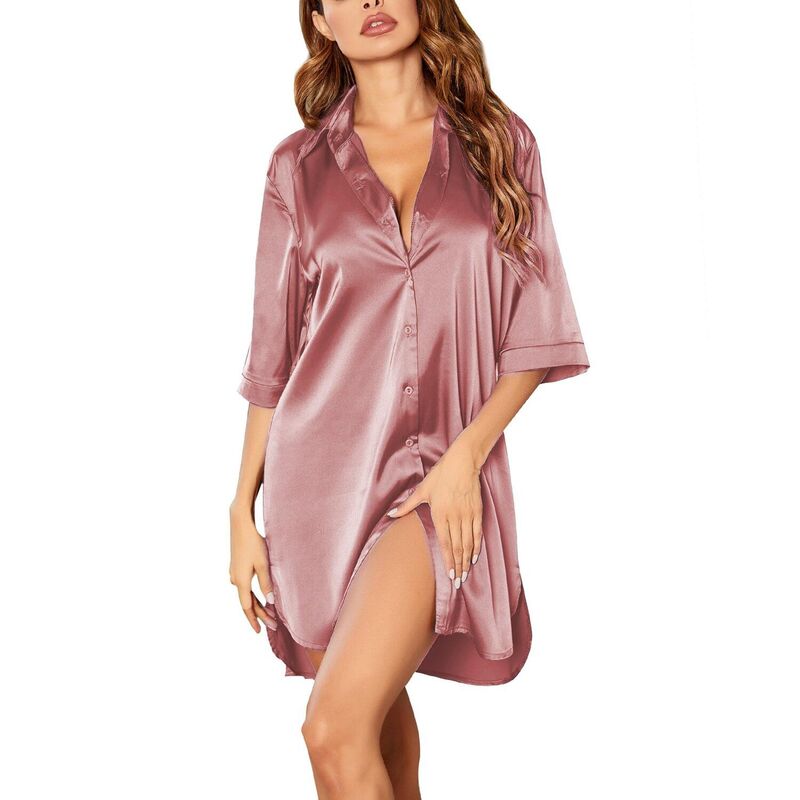 エコアー レディース アンダーウェア ナイトウェア ボタンダウン シャツ サテン シルク ダウン Ekouaer Satinightgowns for Women Button Down Sleep Shirtsilky Night Shirts 3/4 Sleeve Pajama Dee pink ピンク｜ReVida 店