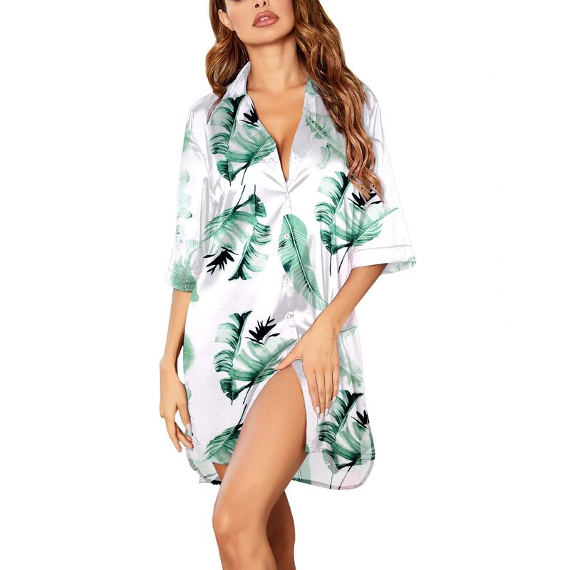 エコアー レディース アンダーウェア ナイトウェア ボタンダウン シャツ サテン シルク ダウン Ekouaer Satinightgowns for Women Button Down Sleep Shirtsilky Night Shirts 3/4 Sleeve Pajama Leaf Green グリーン｜ReVida 店