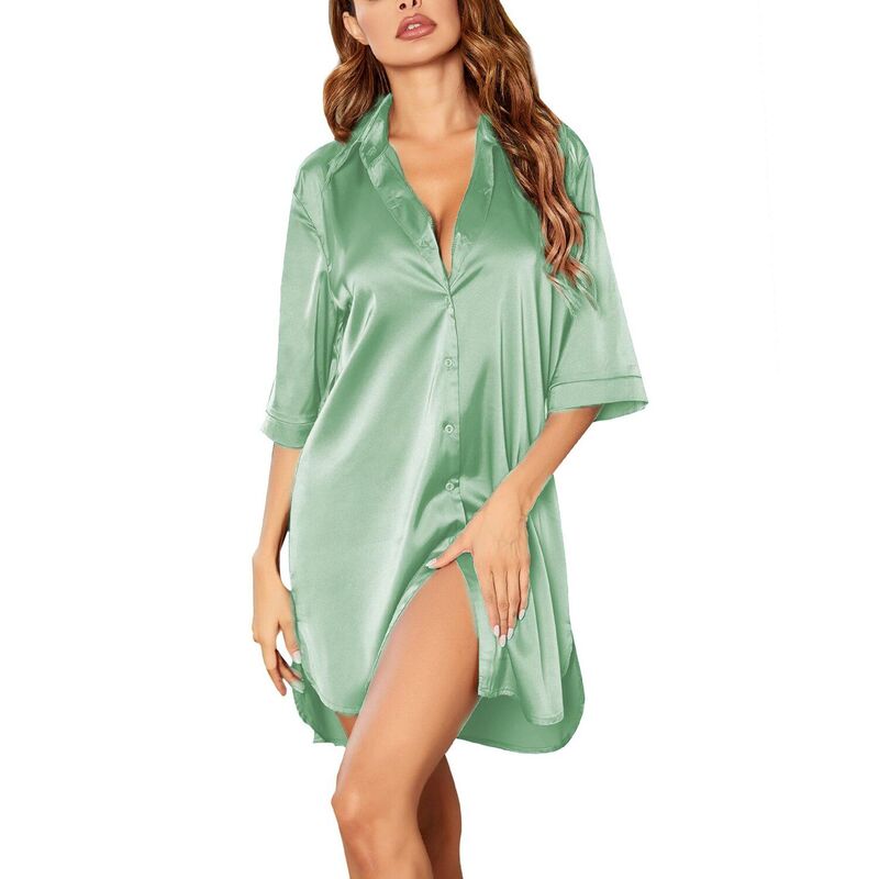 エコアー レディース アンダーウェア ナイトウェア ボタンダウン シャツ サテン シルク ダウン Ekouaer Satinightgowns for Women Button Down Sleep Shirtsilky Night Shirts 3/4 Sleeve Pajama Light Green グリーン｜ReVida 店