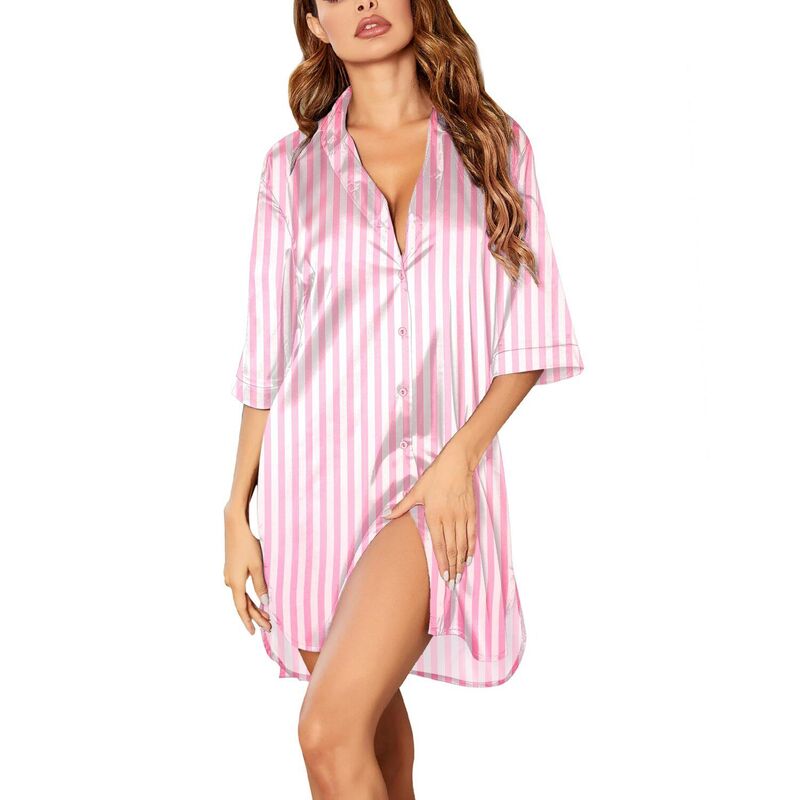 エコアー レディース アンダーウェア ナイトウェア ボタンダウン シャツ サテン シルク ダウン Ekouaer Satinightgowns for Women Button Down Sleep Shirtsilky Night Shirts 3/4 Sleeve Pajama Pink Stripe ピンク｜ReVida 店