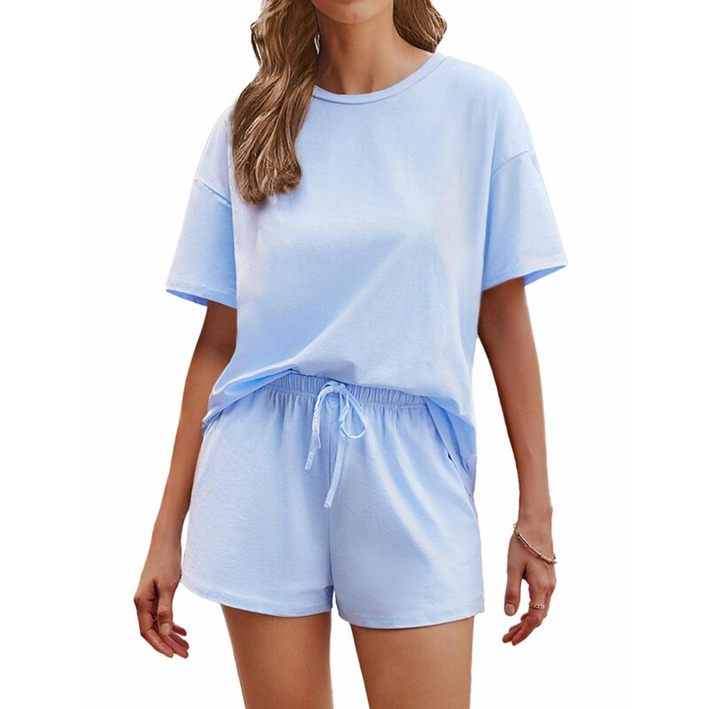 エコアー レディース アンダーウェア ナイトウェア ショートパンツ コットン Ekouaer Cotton Pajamas for Women 2 Piece Lounge Setshort Sleeve Pjshortset Soft Sleepwear Clear Blue ブルー｜ReVida 店
