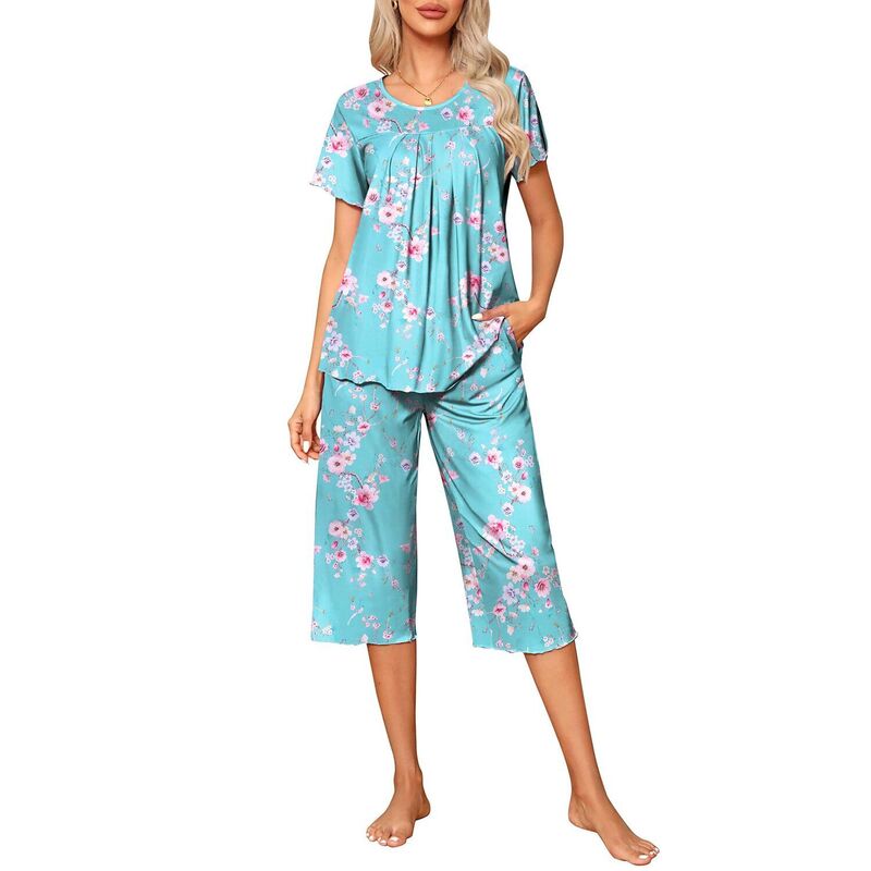 エコアー レディース アンダーウェア ナイトウェア パンツ キャップ Ekouaer Pajama Set for Women 2 Piece Capri Pantshort Sleeve Top Sleepwear Soft Pjs Loungewear Light Blue Flower ブルー|ReVida 店