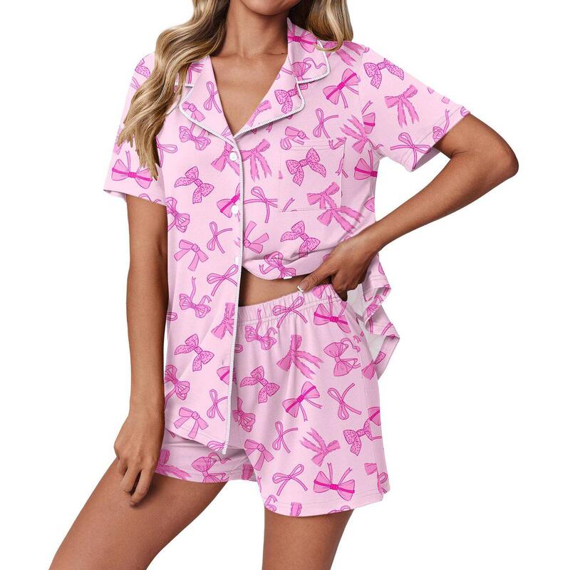 エコアー レディース アンダーウェア ナイトウェア ボタンダウン ショートパンツ ダウン Ekouaer Women &rsquo; s Button Down Pajama Shortset Short Sleeve 2 Piece Sleepwear Pink Bow Knot ピンク｜ReVida 店