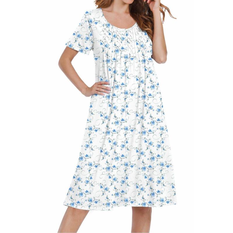 エコアー レディース アンダーウェア ナイトウェア プリーツ シャツ コットン Ekouaer Cottonightgowns House Dress Pleated Night Gown Button Sleep Shirt Ladies Nightdress Floral Blue White ホワイト｜ReVida 店