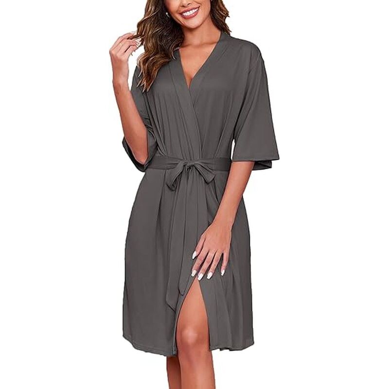 エコアー レディース アンダーウェア ナイトウェア ニット Ekouaer Short Robes for Women Lightweight Kimono Robes Knit Bathrobe Soft Sleepwear with Pockets Drak Grey グレー｜ReVida 店 8,151円