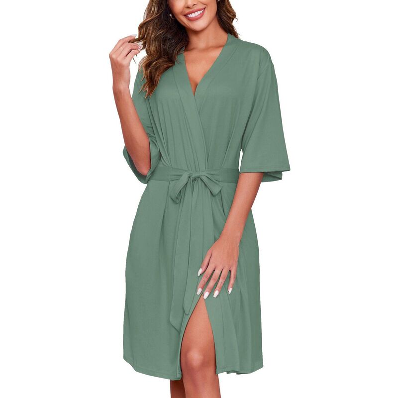 エコアー レディース アンダーウェア ナイトウェア ニット Ekouaer Short Robes for Women Lightweight Kimono Robes Knit Bathrobe Soft Sleepwear with Pockets Gray Green グレー|ReVida 店