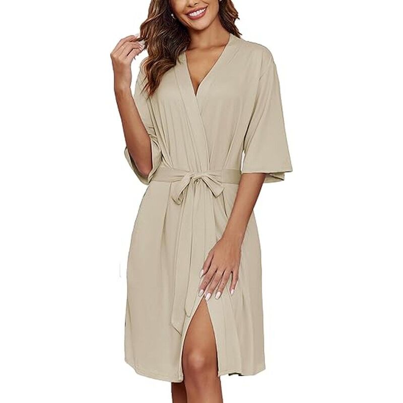 エコアー レディース アンダーウェア ナイトウェア ニット Ekouaer Short Robes for Women Lightweight Kimono Robes Knit Bathrobe Soft Sleepwear with Pockets Khaki カーキ|ReVida 店