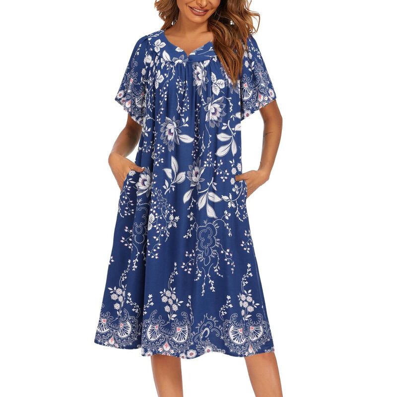 エコアー レディース アンダーウェア ナイトウェア プリーツ Ekouaer Womens House Dresses with Pockets Pleated Mumu Dress Cooling Evening Blue Vines ブルー|ReVida 店