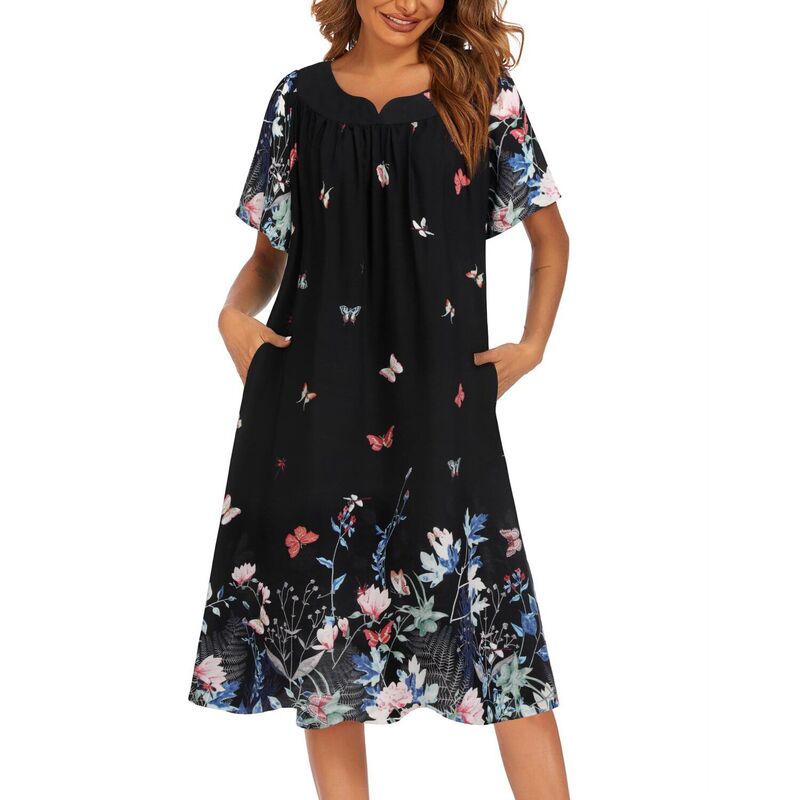 エコアー レディース アンダーウェア ナイトウェア プリーツ Ekouaer Womens House Dresses with Pockets Pleated Mumu Dress Cooling Floral Butterfly｜ReVida 店