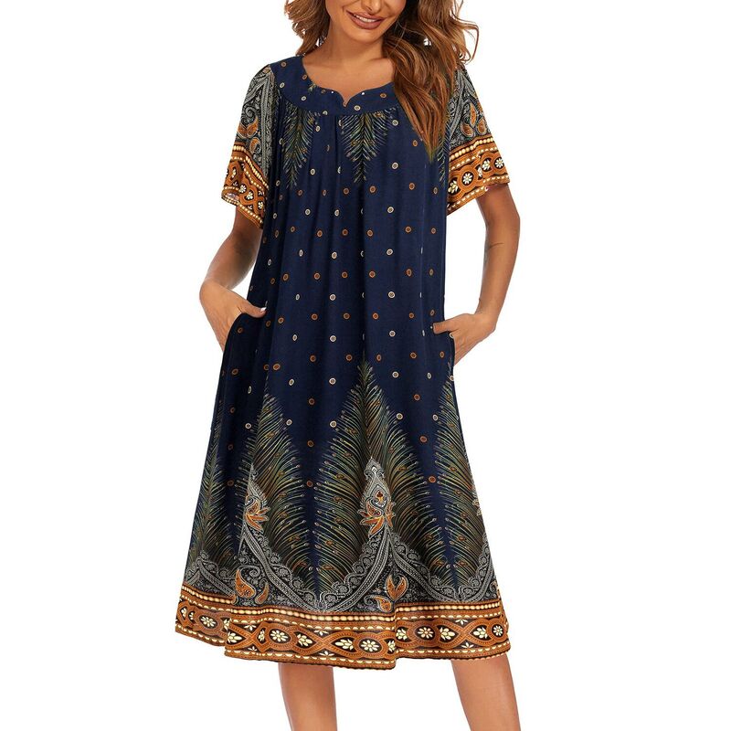 エコアー レディース アンダーウェア ナイトウェア プリーツ Ekouaer Womens House Dresses with Pockets Pleated Mumu Dress Cooling Navy Feather ネイビー｜ReVida 店