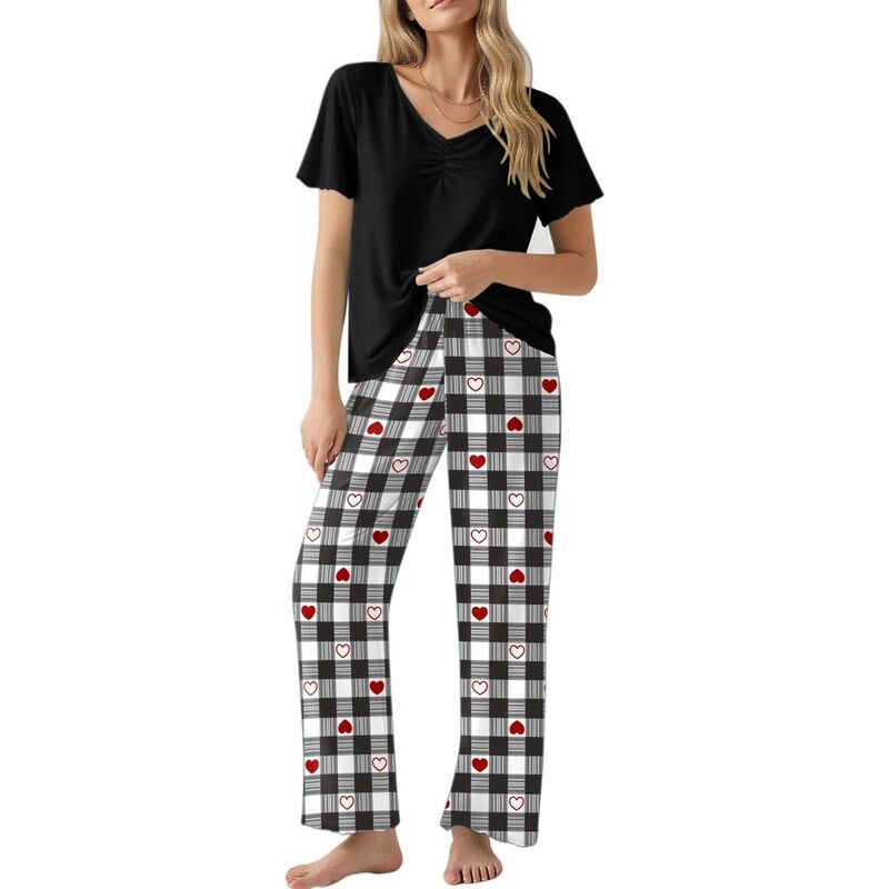 エコアー レディース アンダーウェア ナイトウェア パンツ Ekouaer Women &rsquo; soft Pajama Set Short Sleeve Top and Long Pants Black And White Plaid ホワイト｜ReVida 店 8,266円
