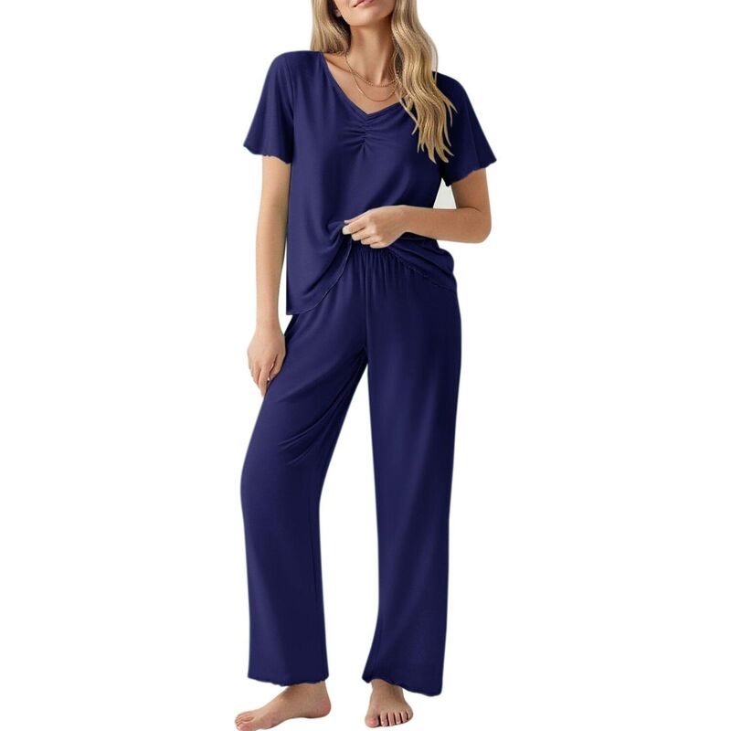 エコアー レディース アンダーウェア ナイトウェア パンツ Ekouaer Women ’ soft Pajama Set Short Sleeve Top and Long Pants Navy Blue ネイビー|ReVida 店