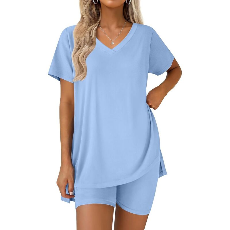 エコアー レディース アンダーウェア ナイトウェア Vネック ショートパンツ Ekouaer Pajamas for Womensetwo Piece Lounge Pjs Biker Shortsets V Neck Tops Matching Outfits Blue ブルー|ReVida 店