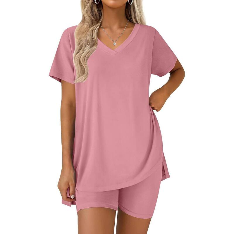 エコアー レディース アンダーウェア ナイトウェア Vネック ショートパンツ Ekouaer Pajamas for Womensetwo Piece Lounge Pjs Biker Shortsets V Neck Tops Matching Outfits Dee pink ピンク｜ReVida 店
