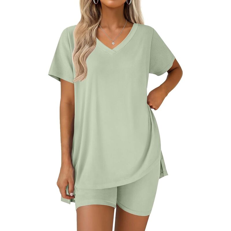 エコアー レディース アンダーウェア ナイトウェア Vネック ショートパンツ Ekouaer Pajamas for Womensetwo Piece Lounge Pjs Biker Shortsets V Neck Tops Matching Outfits Light Green グリーン|ReVida 店