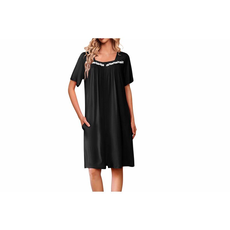 エコアー レディース アンダーウェア ナイトウェア コート Ekouaer Women Zipperobe Short Sleeves House Coat Zipper Front Bathrobe Housecoat Nightgown Black ブラック｜ReVida 店