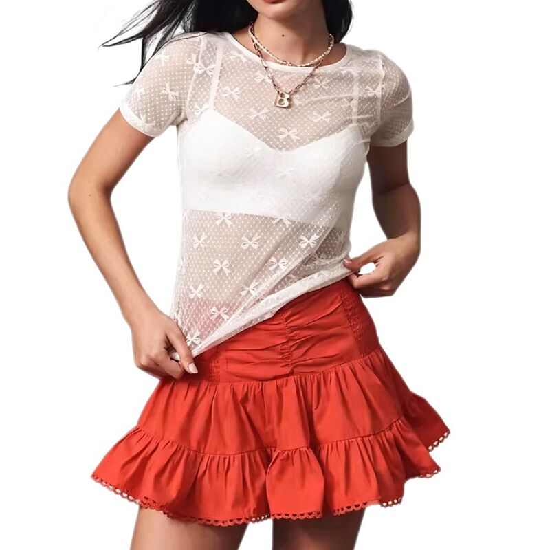 イエスファッション レディース トップス シャツ プリント メッシュ シアー Yesfashion Women'sheer Mesh Bow Printop Short Sleeve Round Neck See-Through Party T-Shirt White ホワイト|ReVida 店