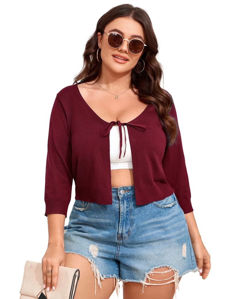 クリアフラワー レディース アウター ニット・セーター プラスサイズ カーディガン クロップド ClearFlower Women's Plusize Cropped Cardigan Tie-Waist Knit Cover Up Burgundy バーガンディ｜ReVida 店
