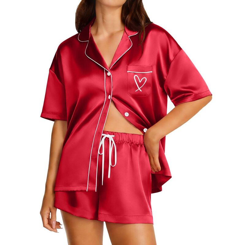 エコアー レディース アンダーウェア ナイトウェア ボタンダウン ショートパンツ ダウン Ekouaer Womens Two Piece Button Down Pj Shorts Bridesmaids Getting Ready Outfits Red レッド｜ReVida 店