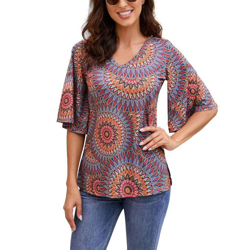 セオリア レディース トップス シャツ Vネック フラワー柄 ブラウス フラワー Seoria Women's Flare Half Sleeve Floral Top Spring Summer Loose V neck Boho Blouse Colorful Flower|ReVida 店