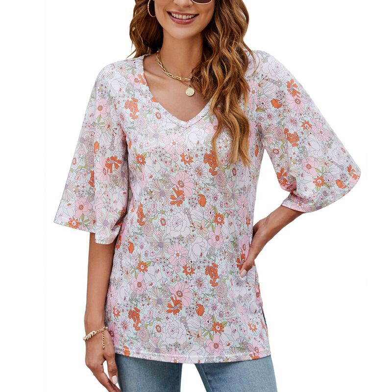 セオリア レディース トップス シャツ Vネック フラワー柄 ブラウス フラワー Seoria Women's Flare Half Sleeve Floral Top Spring Summer Loose V neck Boho Blouse Green Pink Flowers ピンク|ReVida 店