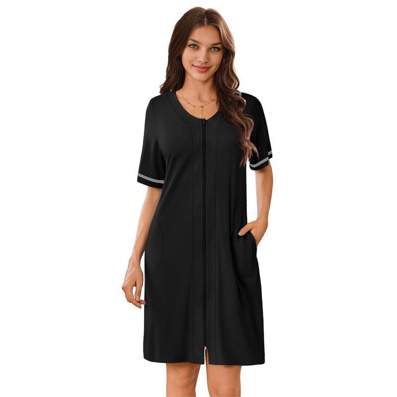エコアー レディース アンダーウェア ナイトウェア コート Ekouaer Womens Zipperobeshort Sleeves Housecoat Bathrobes Zip Up Robe Nightgown with Pockets Black ブラック|ReVida 店