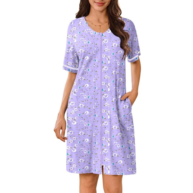エコアー レディース アンダーウェア ナイトウェア コート Ekouaer Womens Zipperobeshort Sleeves Housecoat Bathrobes Zip Up Robe Nightgown with Pockets Purple Floral パープル|ReVida 店