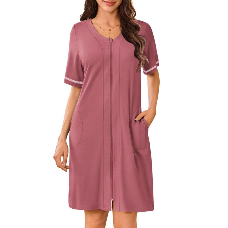 エコアー レディース アンダーウェア ナイトウェア コート Ekouaer Womens Zipperobeshort Sleeves Housecoat Bathrobes Zip Up Robe Nightgown with Pockets Purple Gray Red グレー｜ReVida 店