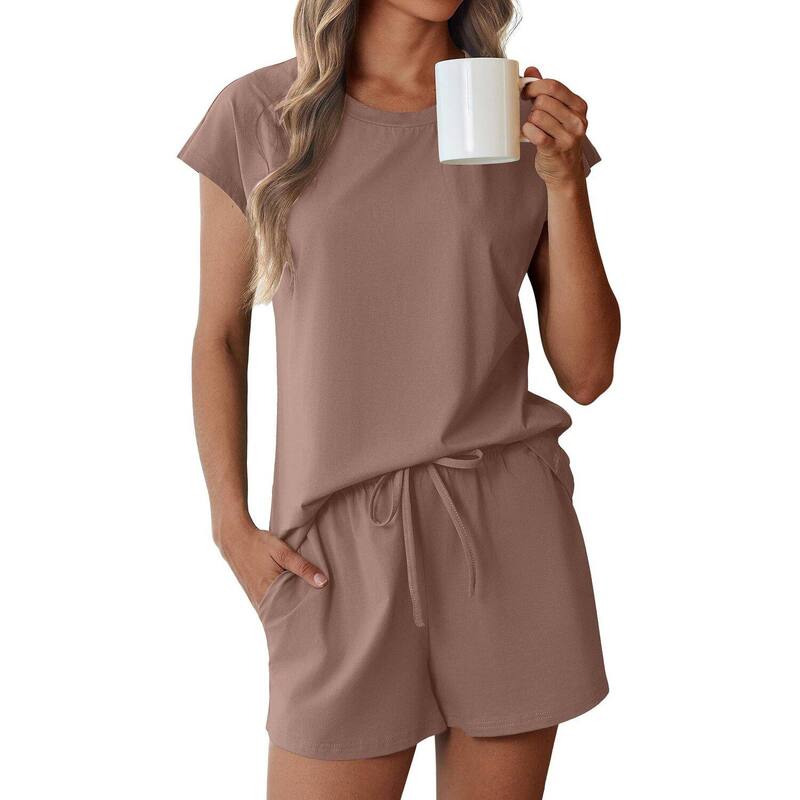 エコアー レディース アンダーウェア ナイトウェア ショートパンツ コットン キャップ Ekouaer Cotton Pajamas for Women Set 2 Piece Cap Sleeve Pjshortset Lounge Setsleepwear Beige ベージュ｜ReVida 店