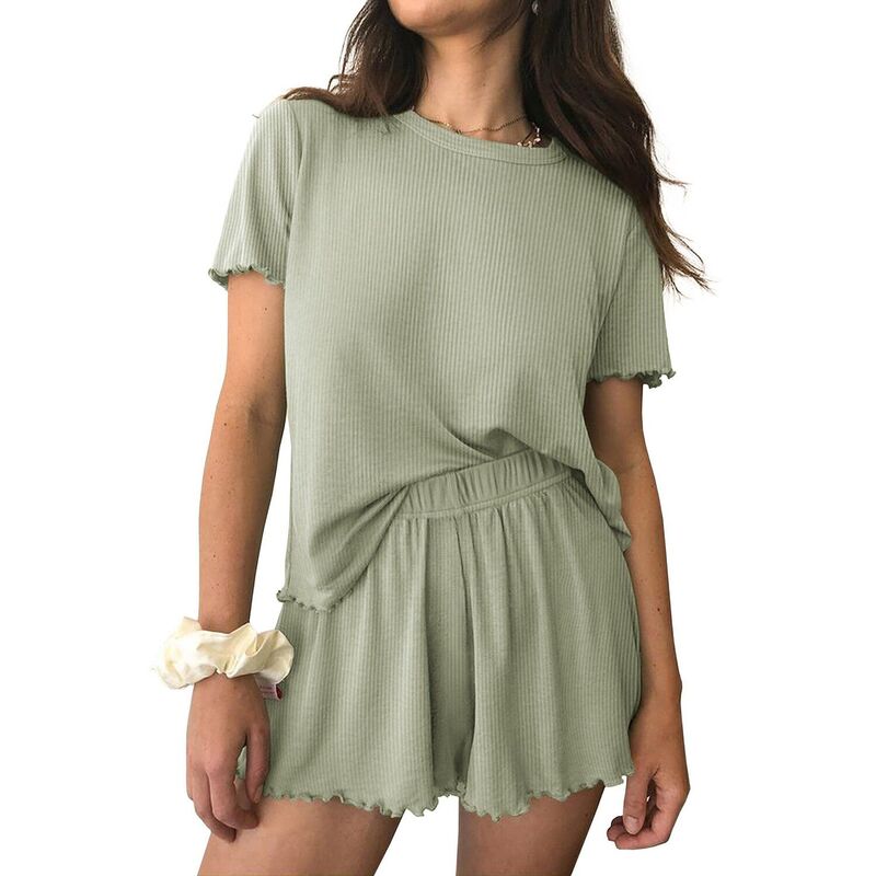 エコアー レディース アンダーウェア ナイトウェア リブ ニット Ekouaer Womens Pajamas Two Piece Ribbed Knit Pajamashort Sleeve Sleepwear Set Pajamaset Green グリーン｜ReVida 店