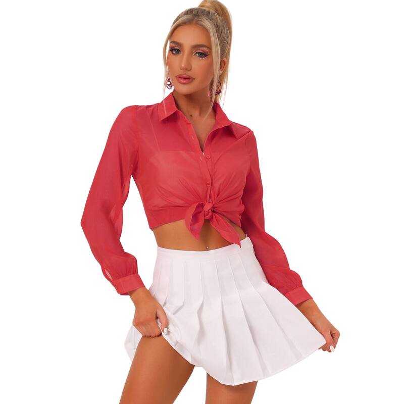 アレグラ ケー レディース トップス シャツ ボタンダウン メッシュ シアー ダウン ALLEGRA K Women's Mesheer Tops Point Collar Long Sleeve Button Down Shirt Red レッド｜ReVida 店