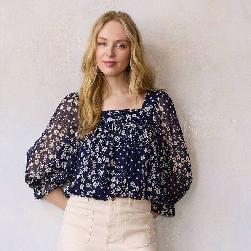 LC Lauren Conrad レディース トップス シャツ プチ ブラウス Petite LC Lauren Conrad 3/4 Length Sleeve Square Neck Blouse Navy Aria Patchwork ネイビー｜ReVida 店