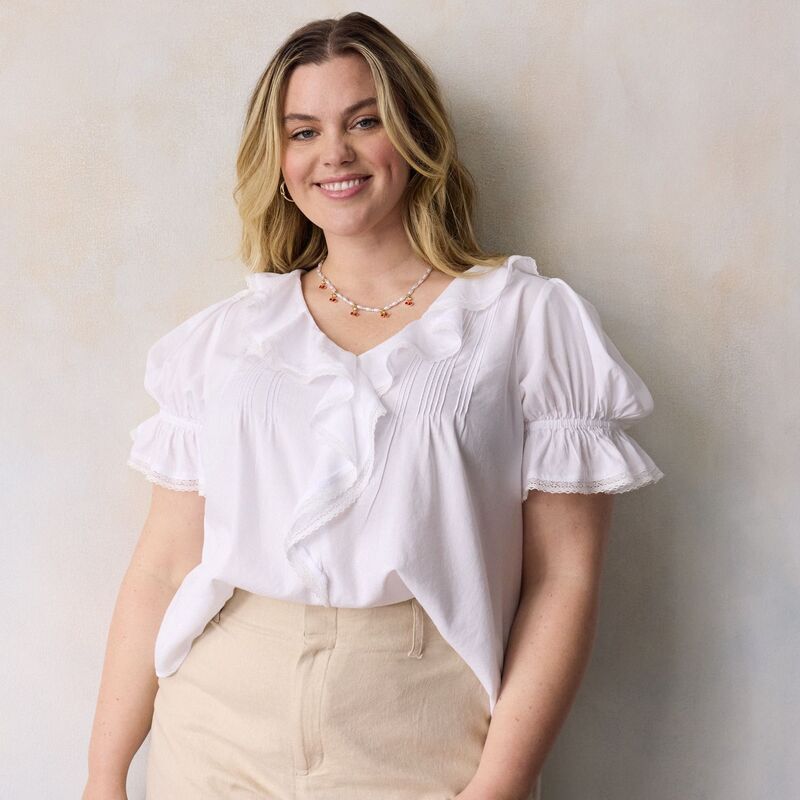 LC Lauren Conrad レディース トップス シャツ プラスサイズ フリル ブラウス Plusize LC Lauren Conrad Ruffle Front Blouse With Tuckstone White ホワイト｜ReVida 店