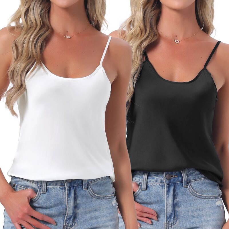 インスパイア シック レディース アンダーウェア ナイトウェア サテン シルク INSPIRE CHIC Women's 2 Pcsatin Camisole Silky Pajama Tank Top U Neck Soft Spaghetti Strap Loose Basic Sleepwear Black White ホワイト｜ReVida 店