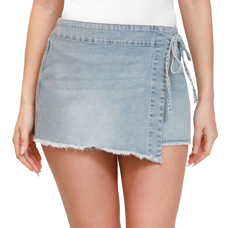 マッデンガール レディース ボトムスカート アシンメトリー Juniors' madden girl Asymmetrical Skort with Side Tie Light Wash|ReVida 店