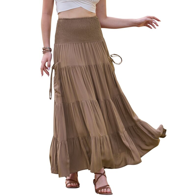 インスパイア シック レディース ボトムスカート A ライン ハイウエスト マキシ INSPIRE CHIC Summer Maxi Skirts for Women Elastic High Waist Swing A Line Beach Skirt with Pockets Khaki カーキ|ReVida 店